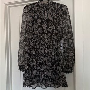 Aqua Black Floral Sheer Long Sleeve Smocked Mini Dress